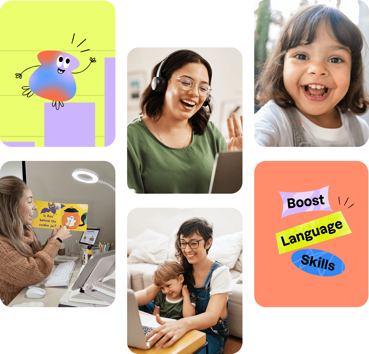 Collage of Expressable speech therapy sessions showing therapists, children, and caregivers in virtual sessions