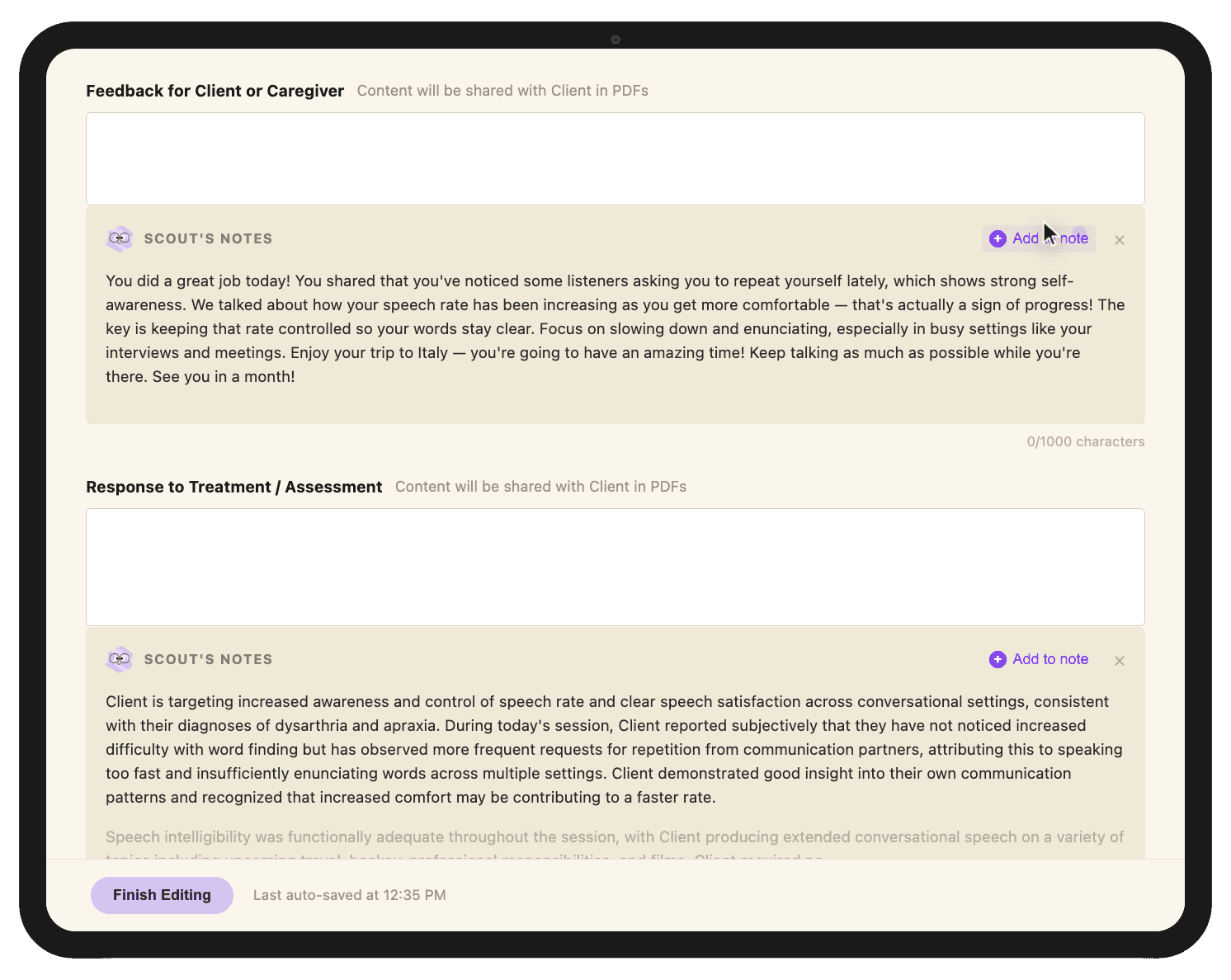 Scout AI documentation assistant showing session notes and caregiver feedback